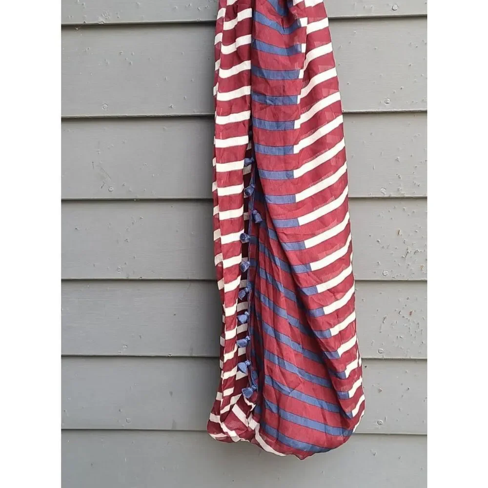 Burgundy Blue White Stripe Infinity Scarf with Fringe